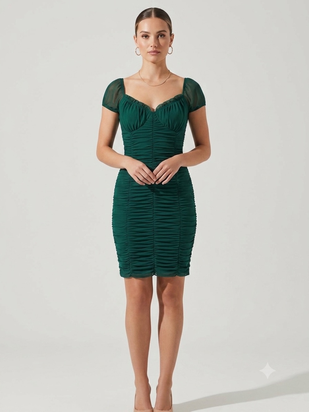 Bluebell Women's Dress Small Green Ruched Cap Sleeve Bodycon Mini Cocktail Party